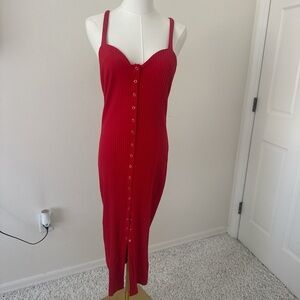 Zara Red Ribbed Button-Front Midi Dress